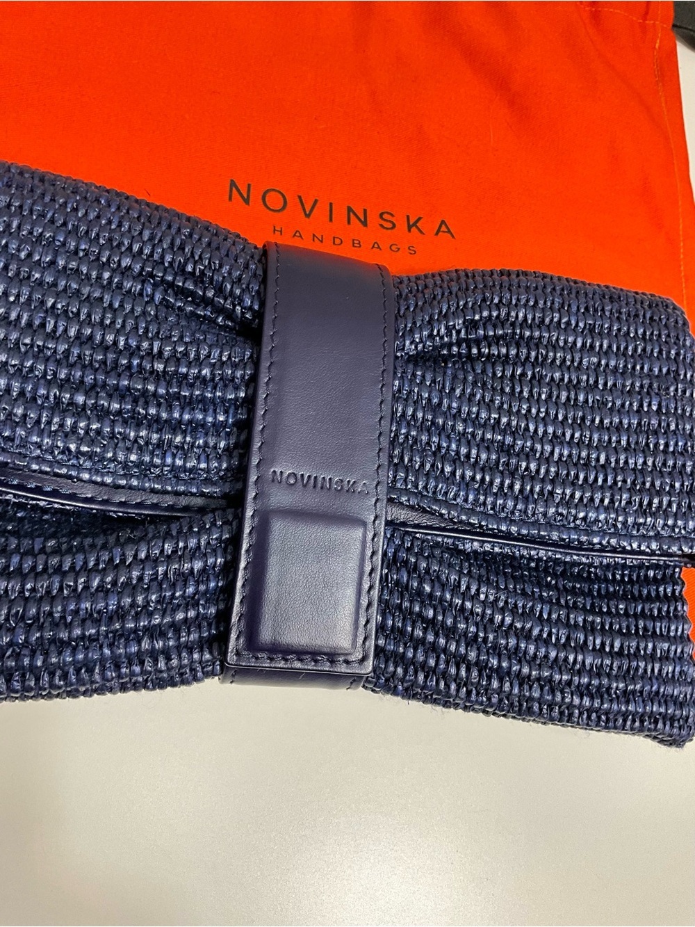 NOVINSKA Navy Blue Woven Foldover Raffia Clutch Bag Lamb Leather - Picture 2 of 8